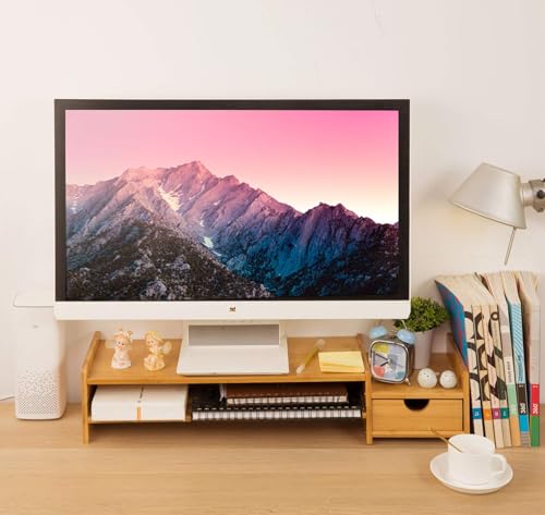 Bamboo 2-Tier Monitor Stand Riser with Drawers, Desktop Organizer for Laptop, Computer, Printer, Cellphone - Reduce Neck & Eye Strain, Office & Home Use
