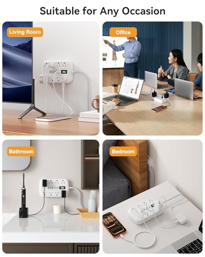 10FT Extension Cord with 6 USB(3 USB C) 8 Outlets, Flat Plug Power Strip - size: 10 FT-White-Three Prong