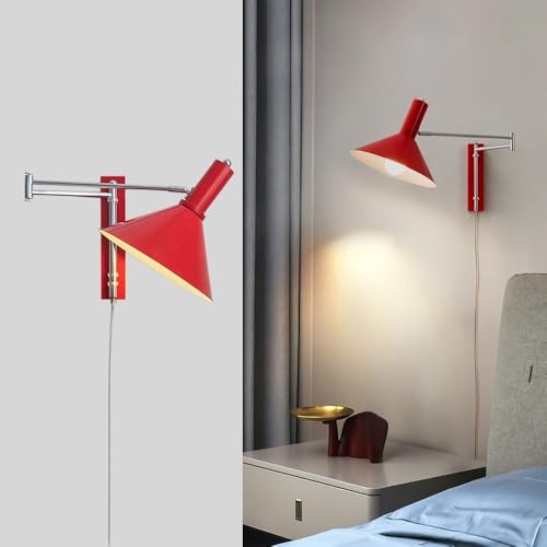 Red Industrial Plug in Wall Sconce - Swing Arm Wall Lamp with On/Off Switch, Adjustable Angle, E27 Socket, Metal Wall Light for Bedside Reading, Desk, Office, Hallway Lighting