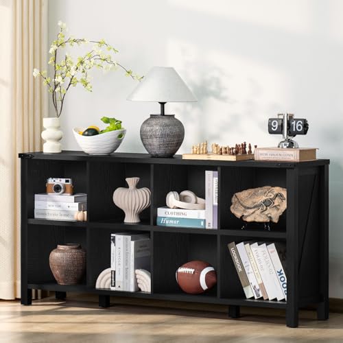 Joaxswe 8 Cube Book Shelf, Farmhouse Wood Long Storage Organizer Bookcase, 62" Horizontal Black Console Closet Bookshelf, Hallway TV Stand for Entryway, Display Cabinet Book Case for Living Room - color: Black, size: 8 Cube (13.6"D x 62"W x 29.7"H)