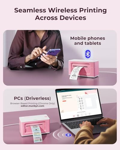 MUNBYN Bluetooth Thermal Label Printer 941BP, 300DPI Wireless 4x6 Shipping - color: Pink