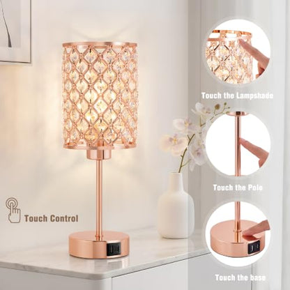 Crystal Table Lamp, Rose Gold Touch Lamp with USB C+A Port, 3-Way Dimmable - color: Rose Gold, size: 14.75"