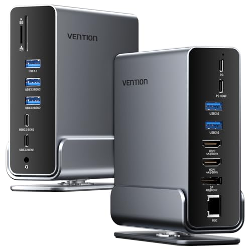 VENTION 15-in-1 Laptop Docking Station Dual Monitor, 360° Roatable Triple Monitor Docking Station with 2 * 4K HDMI and 1*DP, PD 100W Charging for Laptop, 10Gbps USB Port Transfer, RJ45, Audio, SD/TF