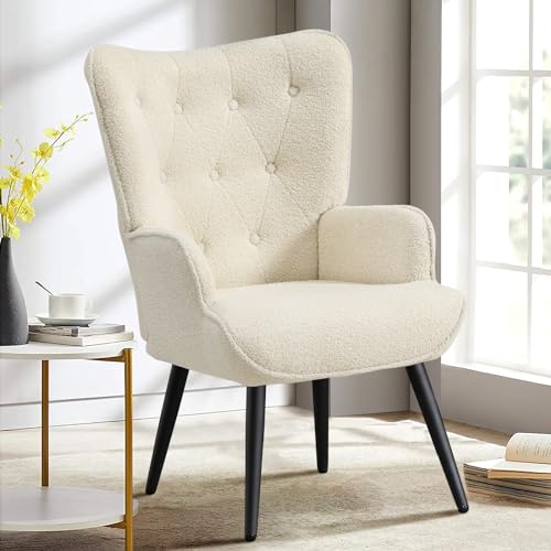 Furniliving Boucle Accent Chair for Living Room, Upholstered Reading Chair with High Backrest, Tufted-Button Wingback Armchair for Bedroom, Dressing Room, Home Office, Ivory White - color: White, size: Set of 1