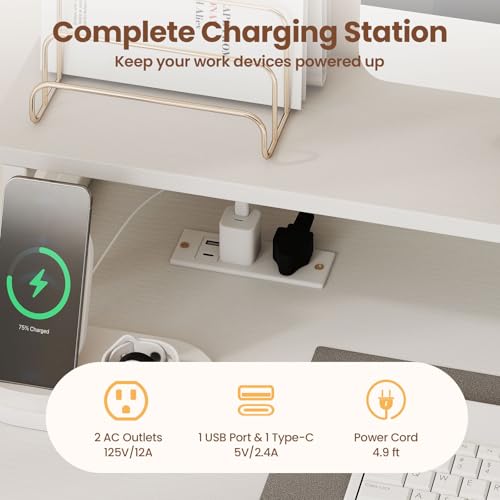 Tangkula Home Office Computer Desk w/Power Outlets | Modern Writing Desk w/Storage Drawers & Shelves, PC Laptop Desk w/Monitor Stand, School Study Work Table for Small Spaces