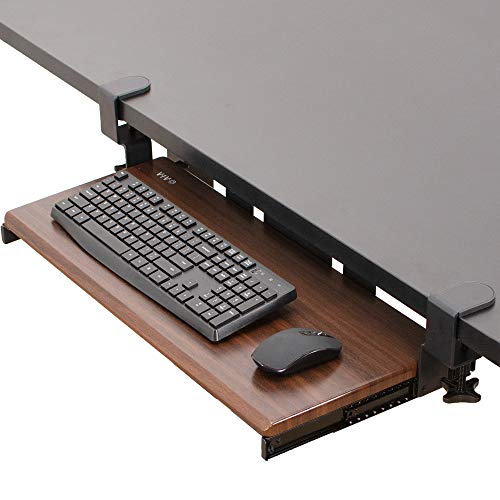 VIVO Dark Walnut Large 27 x 11 in Under Desk Keyboard Tray, MOUNT-KB05D | Keyboard Tray for Typing, Slide Out Platform, Extra Sturdy C-Clamp Mount System, Computer Drawer, Black Frame - color: Dark Walnut, size: 27 inch