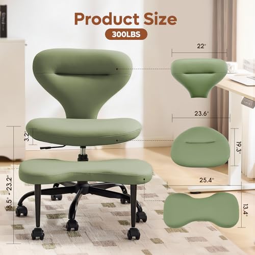 YFO Ergonomic Cross Legged Office Chair and ADHD Meditation Chair with Silent Wheels for Home Office Desk Chair and Yoga, Wider Backrest Support and Storage Pockets Design, PU Leather, Green - color: Pu-green