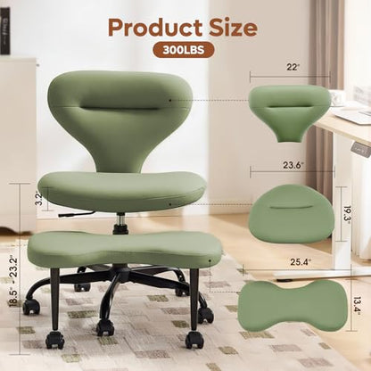 YFO Ergonomic Cross Legged Office Chair and ADHD Meditation Chair with Silent Wheels for Home Office Desk Chair and Yoga, Wider Backrest Support and Storage Pockets Design, PU Leather, Green - color: Pu-green