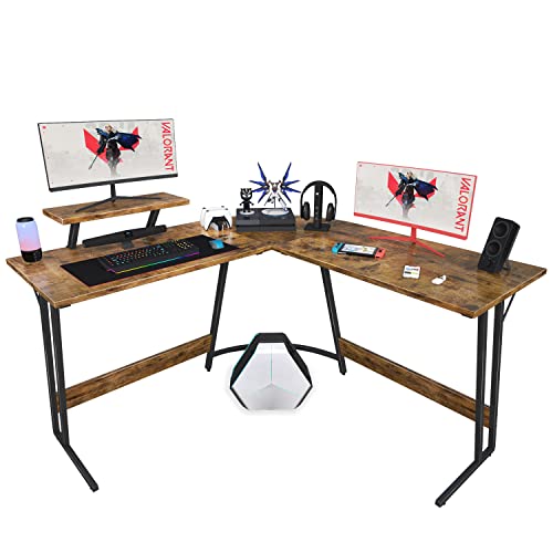 Homall L Shaped Gaming Desk Computer Corner Desk PC Gaming Desk Table with Large Monitor Riser Stand for Home Office Sturdy Writing Workstation (Classical Brown, 51 Inch) - color: Classical Brown, size: 51 Inch