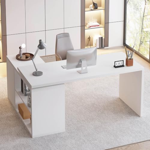 HSH White L Shaped Desk with Storage, Home Office Desk for Work, 55 Inch - color: White Oak