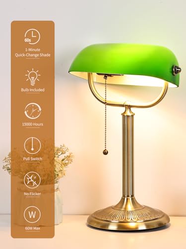 1-Minute Quick-Change Shade Classic Green Glass Bankers Desk Lamp | Study Office Library, LED Bulb Included - color: Green