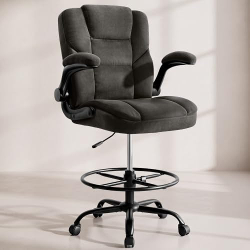 Drafting Chair 500Lbs, Tall Office Chair for Standing Desk, Fabric Executive Office Chair with Flip-up Armrests, Ergonomic High Chair with Adjustable Foot Ring, Comfy Stool Chairs, Black - color: Coal Black