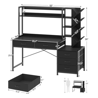 YOMILUVE 52" Computer Desk with Bookshelf, 5 Drawers ＆ Hutch for Bedroom | Black Office Desk with Printer Shelf, Study Writing Desk with Storage Shelves - color: Black