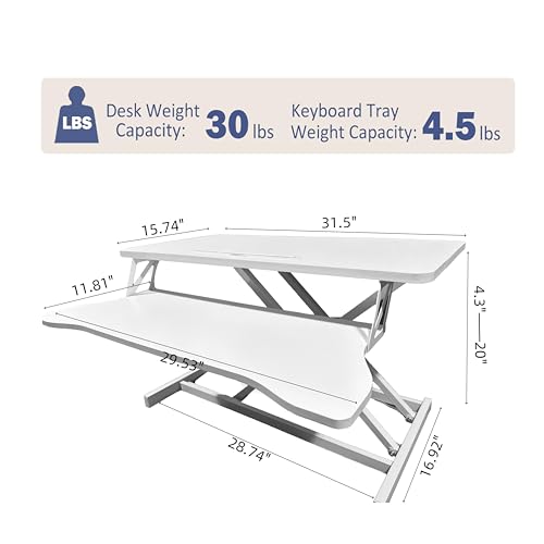 32 Inch Height Adjustable Standing Desk Converter, Dual Monitor and Laptop Riser Workstation with Wide Keyboard Tray, Sit to Stand Desk for Office Home (White+32 Inch) - color: White+32 Inch