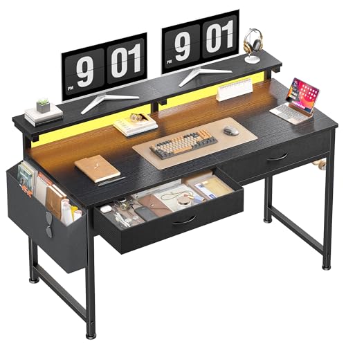 DurayLoly 47.3" Office Computer Desk with LED Lights &2Fabric Drawers,Black | Gaming Desk with Ergonomic Monitor Stand,Office Desk with Side Pocket and Hook,Study Writing Table for Small Spaces - color: Black, size: 47.3 Inch