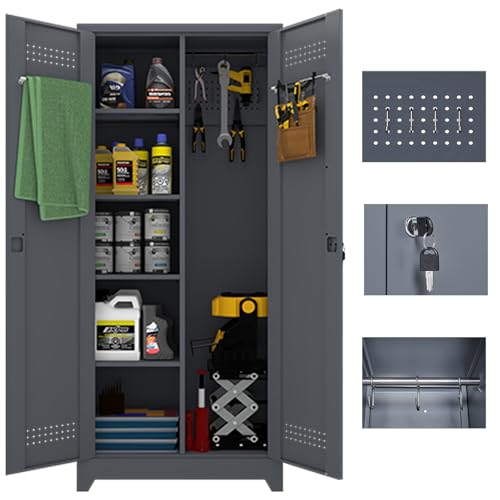 Metal Garage Storage Cabinets,Metal Broom Closet Storage Cabinet,Utility Cabinets for Brooms and Mops,Steel Tall Cabinet with Shelves for Laundry Room,Bathroom,Home,Grey - size: 72"H x 31.5"W x 15.74"D-Grey