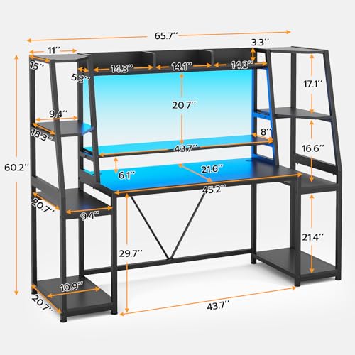 SEDETA 65.7'' Gaming Desk with LED Lights, Hutch and Storage Shelves, Black - color: Black, size: 65.7 inches