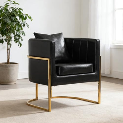 PU Leather Accent Chair, Modern Barrel Arm Chair for Living Room/Bedroom/Guest Reception, Upholstered Club Armchair with Pillow & Gold Base, Black - color: Black-leather, size: 1 PC