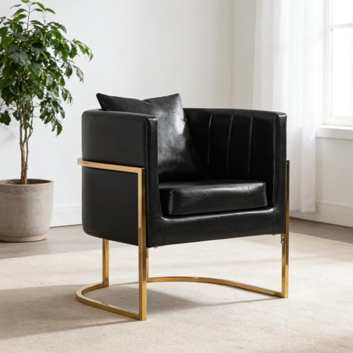 PU Leather Accent Chair, Modern Barrel Arm Chair for Living Room/Bedroom/Guest Reception, Upholstered Club Armchair with Pillow & Gold Base, Black - color: Black-leather, size: 1 PC