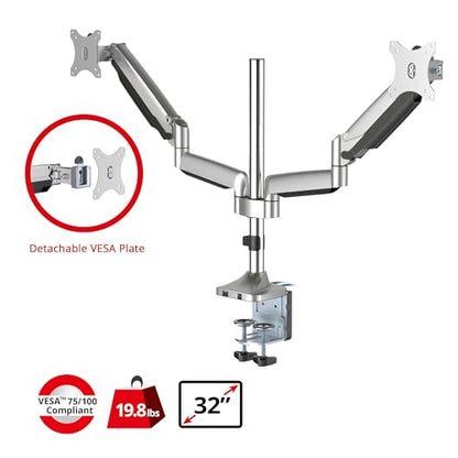 SIIG Dual Monitor Gas Spring Desk Mount W/USB Port | Mount two monitors on a desk from 13"-32" up to 19.8 lbs each; gas-spring adjustment and C-clamp confirm desk fit.