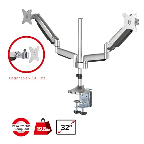 SIIG Dual Monitor Gas Spring Desk Mount W/USB Port | Mount two monitors on a desk from 13"-32" up to 19.8 lbs each; gas-spring adjustment and C-clamp confirm desk fit.