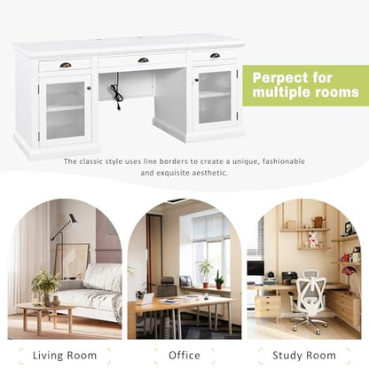 Executive Desk with Power Outlets & USB Charging Station, 67.7" Computer Desk with 3 Drawers & 2 Cabinets Glass Doors, Modern Wood Home Office Desk for Bedroom,Living Room,Study Room, White