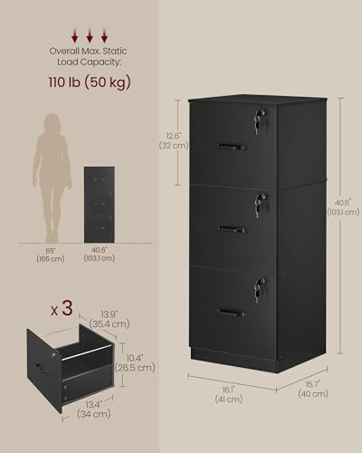VASAGLE 3 Drawer File Cabinet with Locks, for A4, Letter Sized Documents - color: Ink Black, size: 3 Drawers