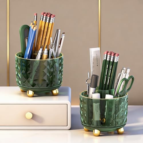 GOTOBA Dark Green Pen Pencil Holder for Desk, 360° Rotating Pen Organizer, Green Office Supplies, Cute Pen Holder, 6-Compartment Pencil Holder Rotating - color: Dark Green