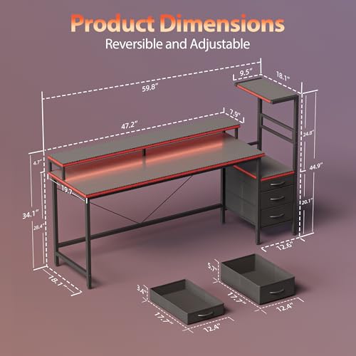 Mericonia 60 inch Gaming Desk with Drawers, Reversible Computer Desk, Black - color: Carbon Fiber, size: 60"
