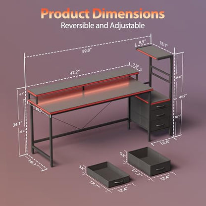 Mericonia 60 inch Gaming Desk with Drawers, Reversible Computer Desk, Black - color: Carbon Fiber, size: 60"