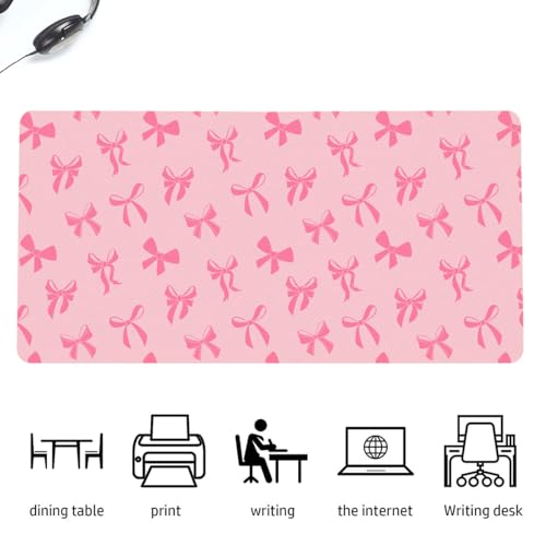 Cute Kawaii Pink Bow Extended Gaming Keyboard Mouse Pad | Non-slip Leather Home Office Desk Mat Protector - color: Pink Bow/Pink, size: L(31.5×15.7 inch)