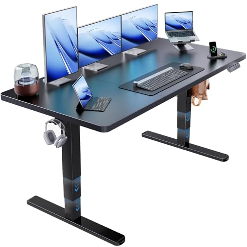 HUANUO 59x30 Inch 3-Stage Legs Electric Standing Desk, Large Height Adjustable Office Desk with Brushless Motor, Stand Up Desk with 4 Memory Presets & 2 Hooks, Computer Desk for Home Office, Black - color: Black, size: 59" X 30"