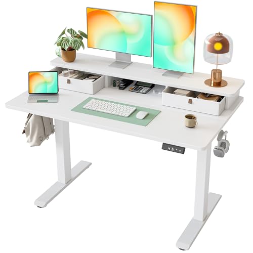 TIQLAB Standing Desk with Two Drawers, Stand Up Standing Desk Adjustable Height, Electric Sit Stand Table with Storage Shelf and Splice Board, 48 * 24 inch, White - color: White, size: 47*24 inch without keyboard tray