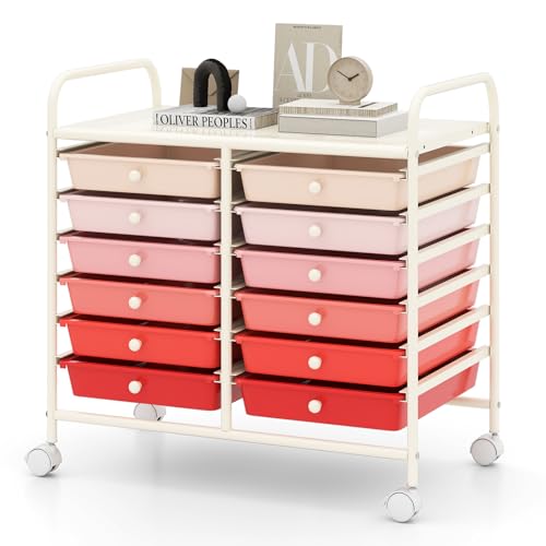 RELAX4LIFE 12-Drawer Rolling Storage Cart - Mobile Utility Cart on Wheels for School Classroom Teacher Office Salon, Paper File Art Supply Craft Organizer, Rolling Cart with Drawers (Gradient Pink) - color: Gradient Pink, size: 24.5''