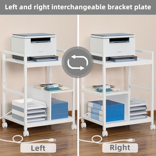 Lerliuo 24" Wide Large Printer Stand with Storage, White | Printer Table for Home Office with Charging Station, 3 Tier Industrial Mobile Printer Cart with Lockable Wheels - color: White