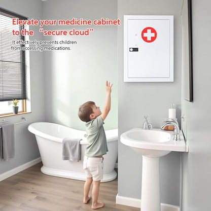 Locking Medicine Cabinet Wall-Mount: Storage Cabinet with Combination Lock & Key - White Metal First Aid Kits for Family Safety and Childproofing