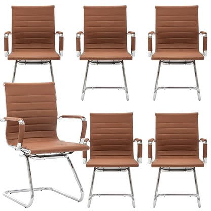 Conference Room Chairs Set of 6, Waiting Room Chairs with Arms, Faux Leather Reception Chairs No Wheels, Office Guest Chairs with Mid Back Support and Chrome Sled Base, Cafe - color: Cafe, size: 6PCS