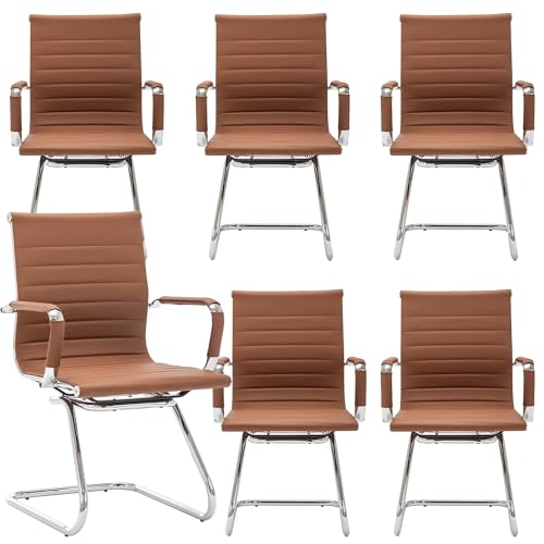 Conference Room Chairs Set of 6, Waiting Room Chairs with Arms, Faux Leather Reception Chairs No Wheels, Office Guest Chairs with Mid Back Support and Chrome Sled Base, Cafe - color: Cafe, size: 6PCS