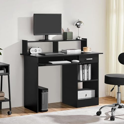 Yaheetech Computer Desk with Keyboard Tray, Drawers, and Shelves, Black | This Desk Has a Pull-Out Keyboard Tray, a Drawer, and an Adjustable Open Shelf for Books, Files, and Home Office Supplies. - color: Black