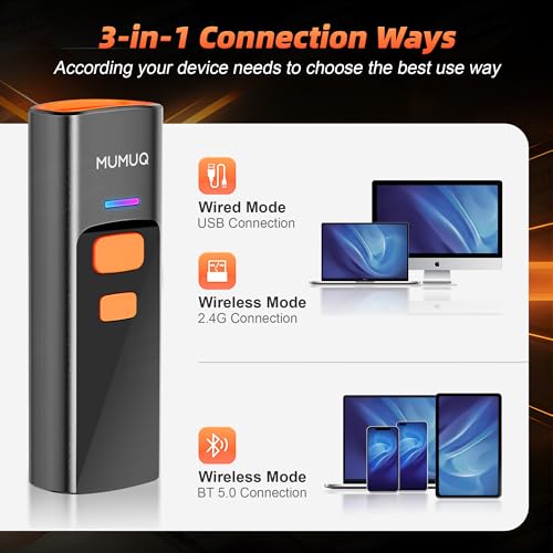 Wireless Mini Barcode Scanner, 1D/2D QR Bar Code Reader with Charging Dock | Bluetooth 2.4g USB, Compact Design, 1100mah, Reads Paper & Screen Codes, 3-in-1 Barcode Reader for IOS/Android/Windows