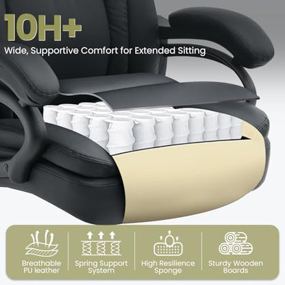 650lbs Big and Tall Office Chair for Heavy People,Ergonomic High Back PU Leather Computer Chair with Adjustable Lumbar Support,Comfy Executive Office Desk Chair with Wide Seat,Silent Wheels,Black