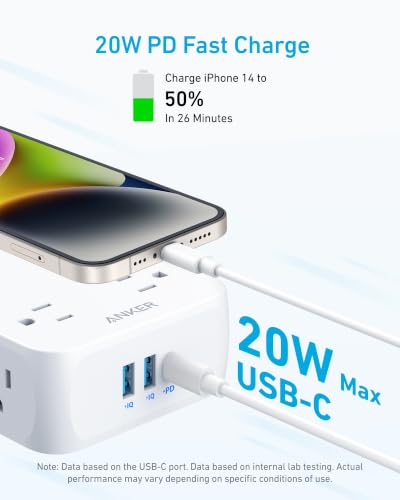 Anker Power Strip with 2000J Surge Protector, 10ft Outlet Extender, 20W 8AC - color: Shell White, size: 10FT