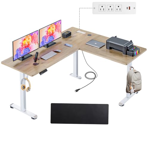 63x5in L Shaped Standing Desk with Outlets & Mouse Pad, Oak Grey - color: Oak Grey