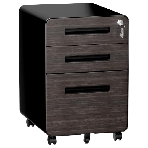 SAWJEC 3 Drawer Mobile File Cabinet with Lock, Fully Assembled, Black - color: 02l-black Brown