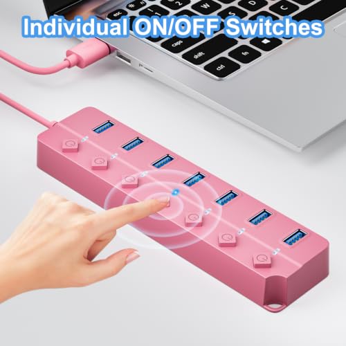 USB Hub 7 Port, USB Splitter with Individual On/Off Switches and Lights - color: Pink
