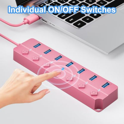USB Hub 7 Port, USB Splitter with Individual On/Off Switches and Lights - color: Pink