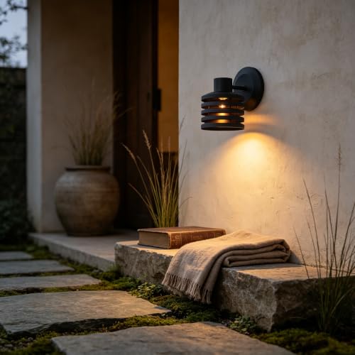 Industrial Matte Black Cylindrical Outdoor Wall Sconce with Louvered Design, Weatherproof Exterior Light Fixture, Farmhouse Lighting for Entrance, Courtyard, Porch, Patio, Garage