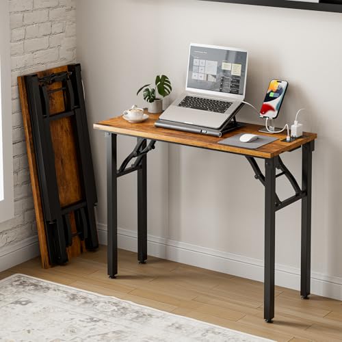 Small Folding Computer Desk – 35.8 Inch Portable Table for Craft and Study, Lightweight Desk for Small Spaces, Foldable Laptop Table Built-in AC/USB Outlets for Convenience, Rustic Brown - color: Rustic Brown, size: 35.8 X 15.7 Inch, style: With Power Out