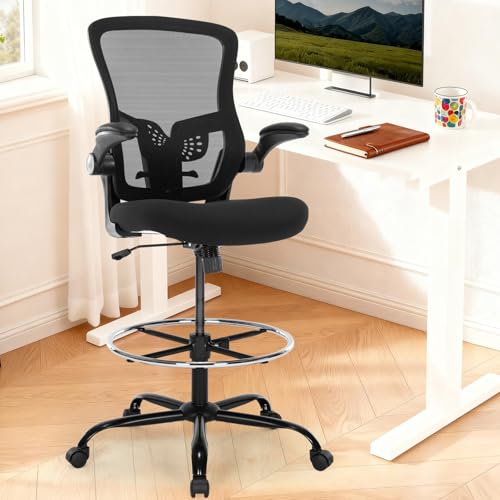 Drafting Chair, Ergonomic Tall Office Chair with Lumbar Support Standing Desk Stool with Flip-up Armrests Comfy High Office Desk Chair with Adjustable Foot Ring for Counter Height Desk, Black