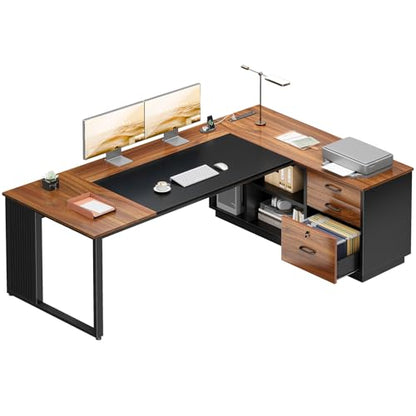 AODK 71 Inch L Shaped Executive Desk with Storage, Walnut+ Black | Computer Desk with 3 Wooden Drawers and File Cabinet, Corner Desk, Outlets, Home Office Computer Workstation - size: 71 Inch